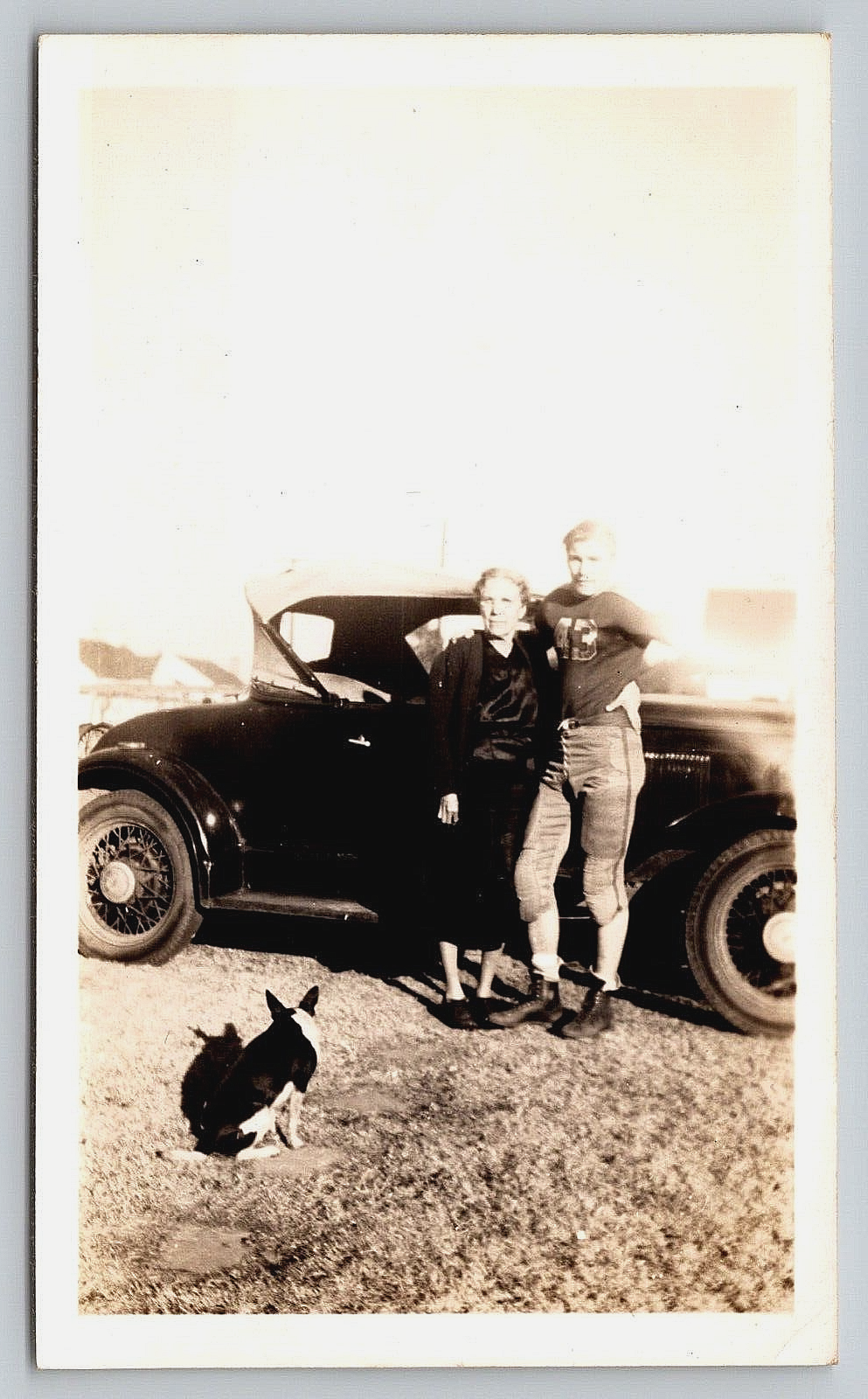 Vintage Antique Photo of Car Football Player Boy Lady Woman Puppy Dog