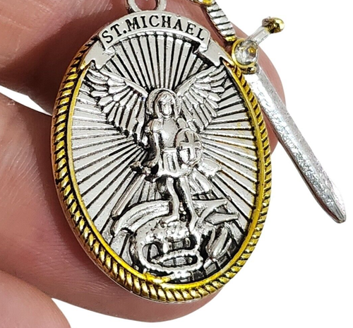 St Michael Pendant Necklace Catholic Patron Saint Archangel Prayer & Sword Chain - Picture 6 of 17
