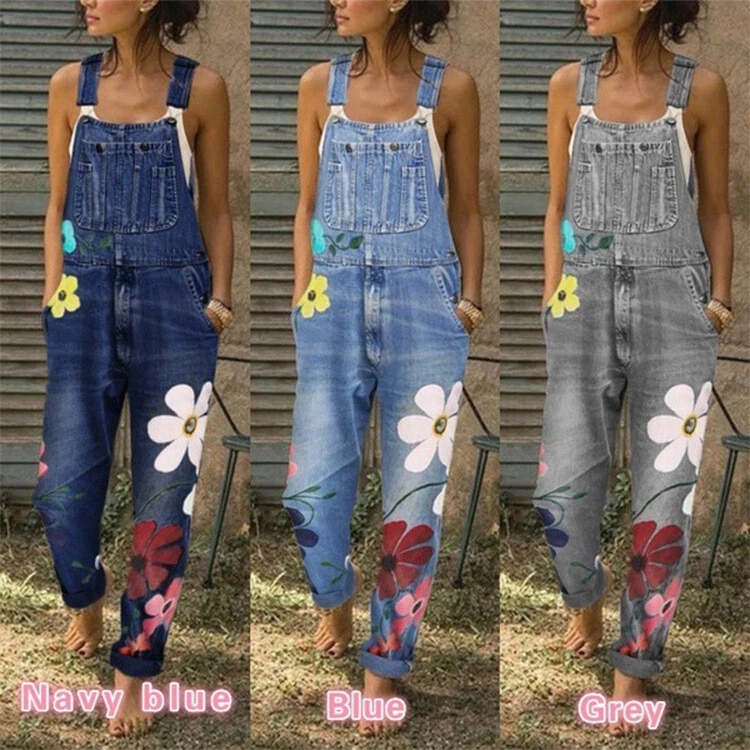 Damen Jeans Jumpsuit Hose Latzhose Latzjeans Blumen Print Overalls - Bild 2 von 4