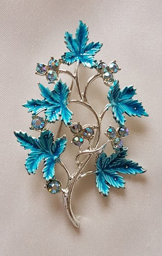 Floral Leaf Brosche ~ blaue Emaille & AB Strass ~ rhodiniertes Metall ~ Vintage