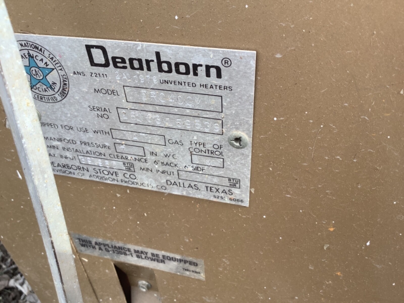 Vintage Dearborn Room space Heater 39,950 BTU Natural Gas with grates motor  | Inox Wind