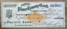TOMBSTONE ARIZONA PIMA COUNTY BANK 1881 CHECK--OK CORRAL