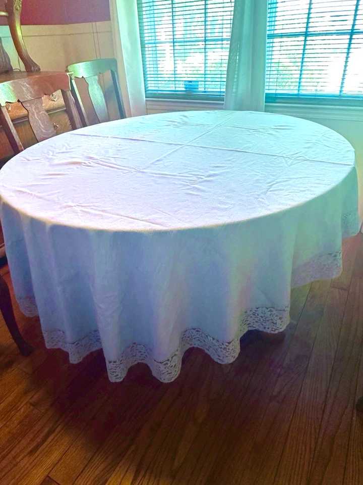 De Colección Mantel Azul Ovalado 62x86" Crochet Encaje 3" Borde Lino Como Tela Envío Gratis Foto 4 de 4