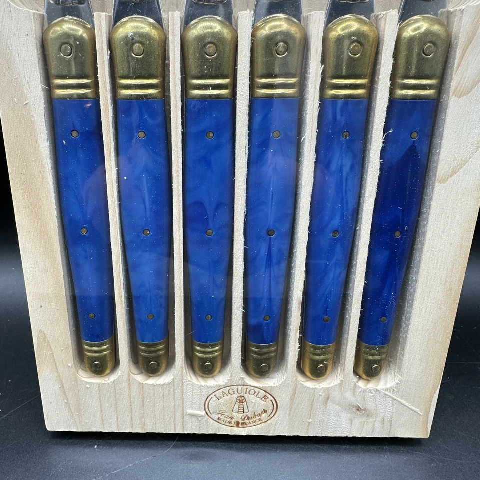Conjunto de 6 garfos de jantar Jean Dubost Laguiole França abelha azul ouro caixa de madeira rara vintage - Imagem 2 de 4