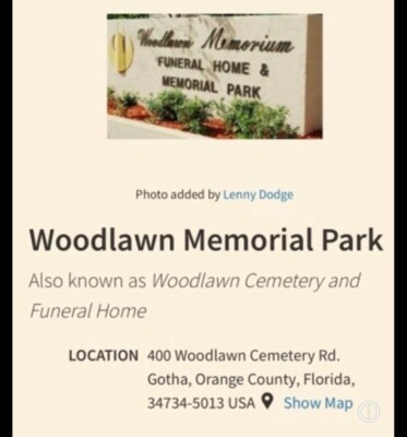 Woodlawn Memorial Gardens Burial Cemetery plot Orlando Florida.  G1 505 space 1 