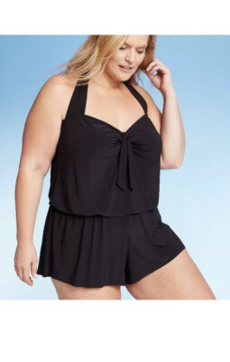 NWOT Target Aqua Green Halter Romper Swimsuit Size XL (14) Black