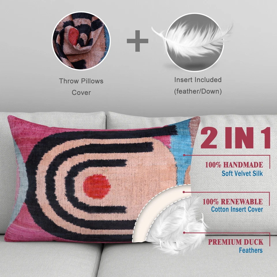 Handmade Abstract Silk Velvet Feather Insert Throw Pillow 16 x 24 in (40 x 60cm) - Image 2 of 4