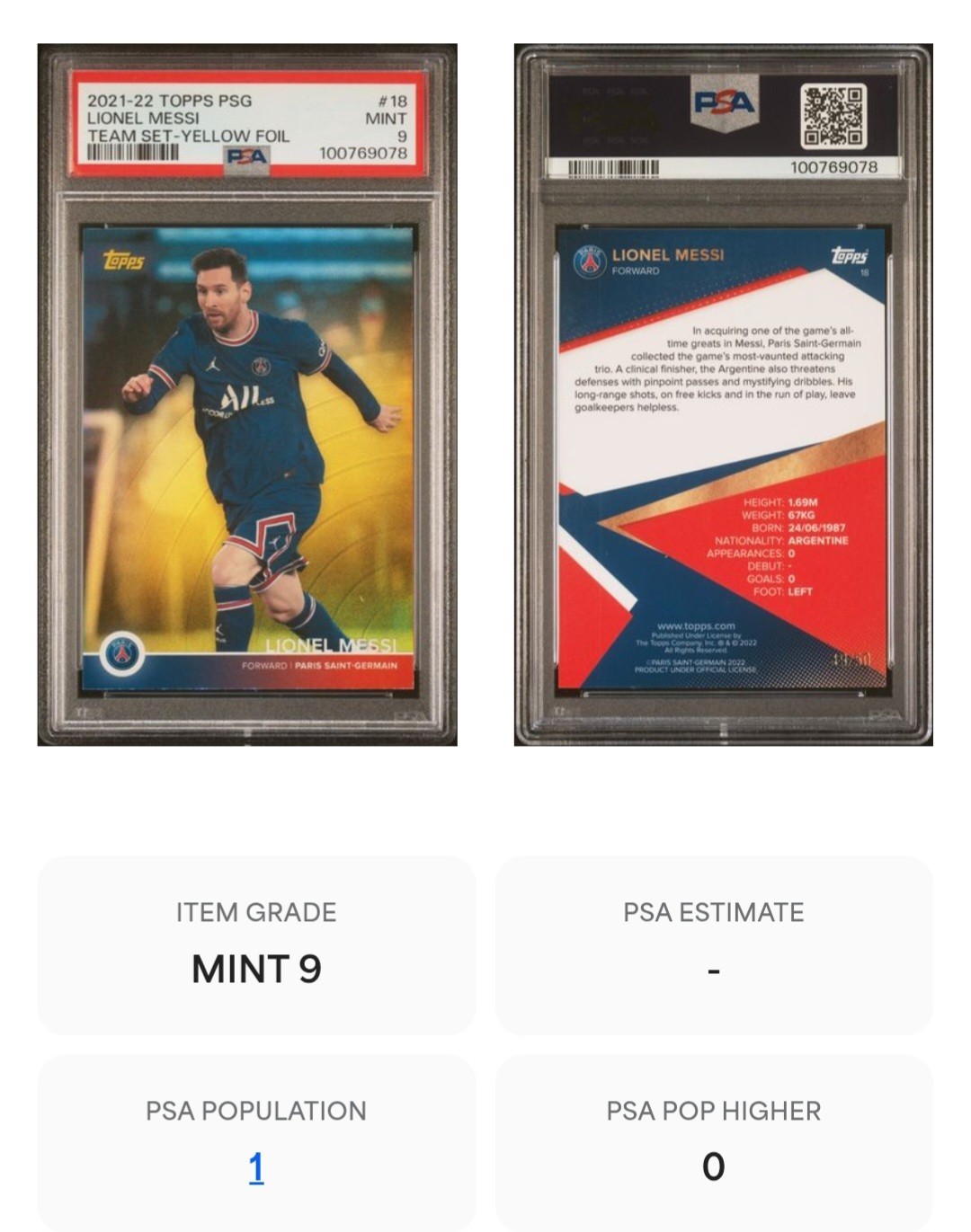 2021 LIONEL MESSI PSA 9 TOPPS SET ARGENTINA YELLOW FOIL ST GERMAIN #'d /50  view 3