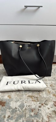 Furla Black Tote with Gold Tone Hardware, Butterfly Print Pouch & Dust Bag