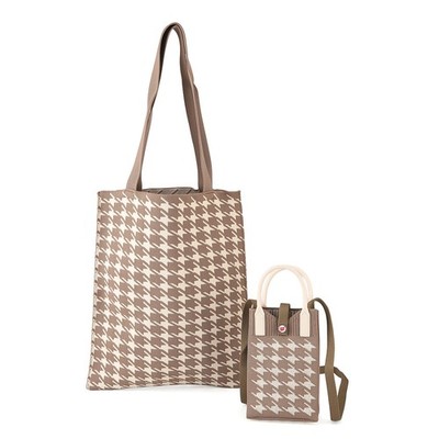 La Marey Mocha Brown Classic Houndstooth Tote Bag and Crossbody Bag