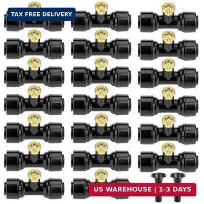 20 Pack Brass Mister Nozzles with 20 Pack Misting Nozzle Tees with 2 Pack End Pl