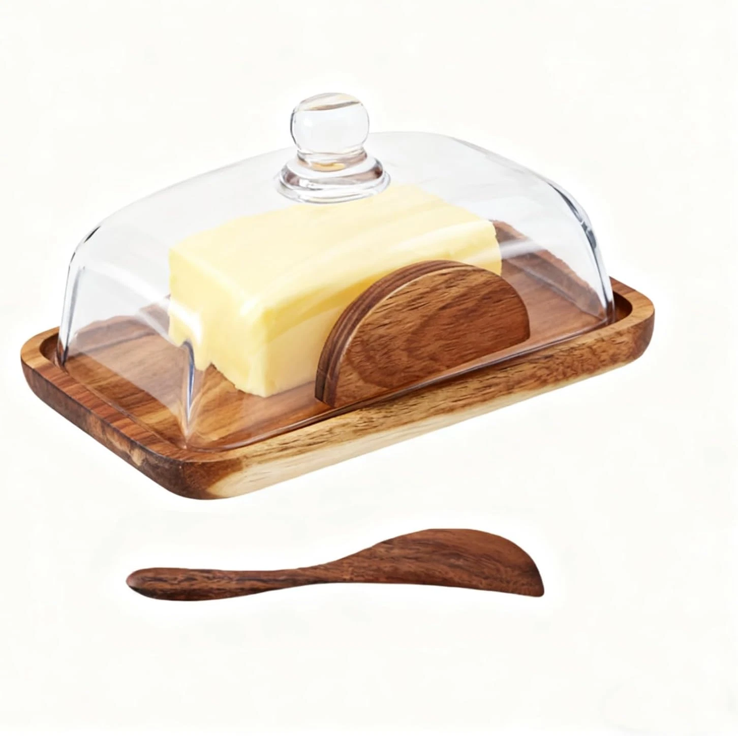HAN SHENG Wooden Butter Dish with Glass Lid & Wood Knife - Butter Keeper Contain