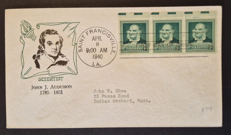 1940 First Day Cover US Scott 874 John James Audubon Famous Americans FDC