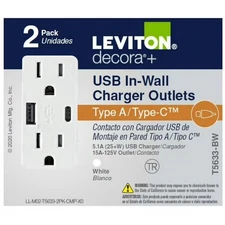 Leviton Decora Plus USB In-Wall charger Outlets - White, Pack of 2