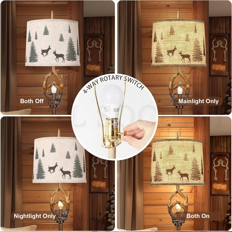 Lámpara de pie rústica con astas de granja acabado marrón luz nocturna pantalla redonda Foto 4 de 4