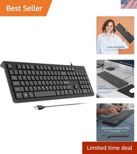 Ergonomic Wired Keyboard with 104 Low-Profile Keys  Multimedia Controls - Black