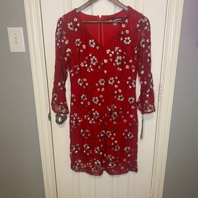 Karl Lagerfeld Paris Dress 6 Red Lace Floral Embroidered Bell Sleeve Whimsigoth