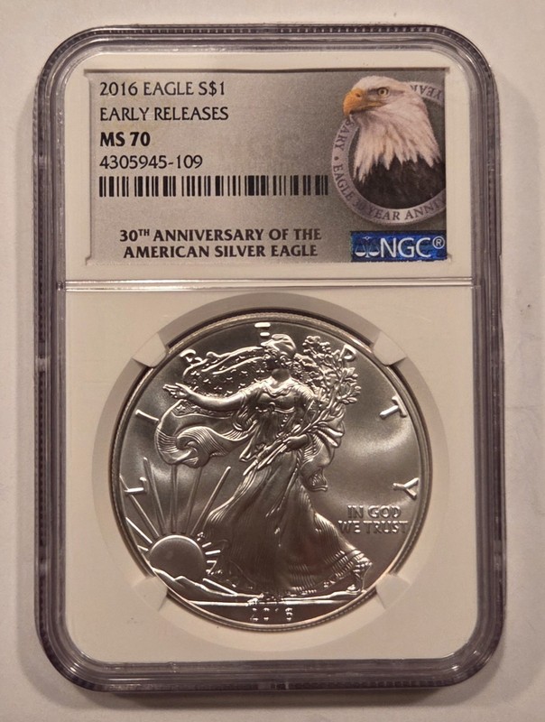 2016 American Silver Eagle NGC MS70 Early Releases 1 oz Fine Silver 30th Ann