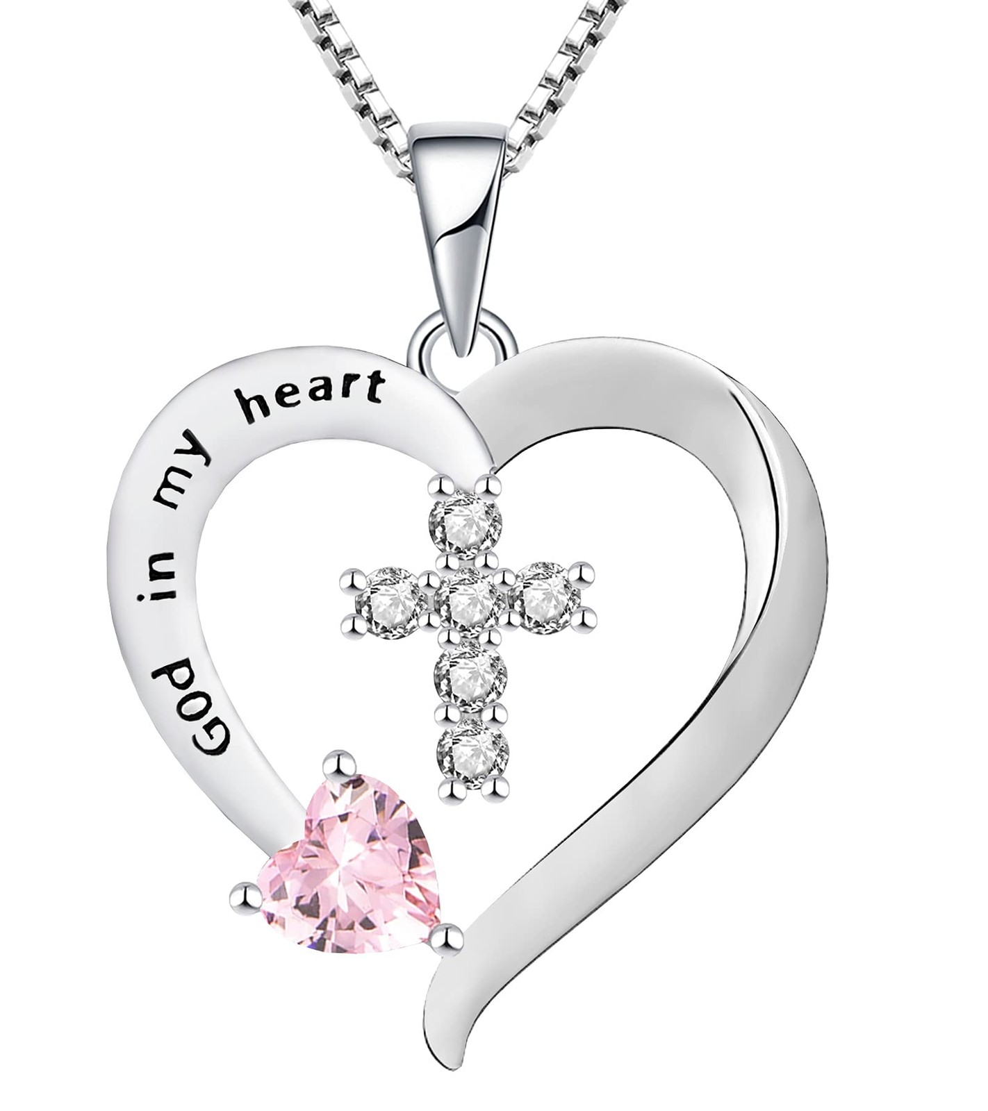Women's Heart Cross Necklace 925 Sterling Silver Created Pink Tourmaline Pend...