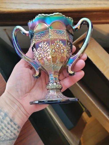 Pretty Fenton Carnival Glass Blue Orange Tree Pattern Loving Cup