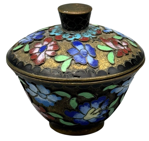 Vintage Cloisonne Round Trinket Box Enamel Brass w/ Lid 2 inch Mini Floral Metal