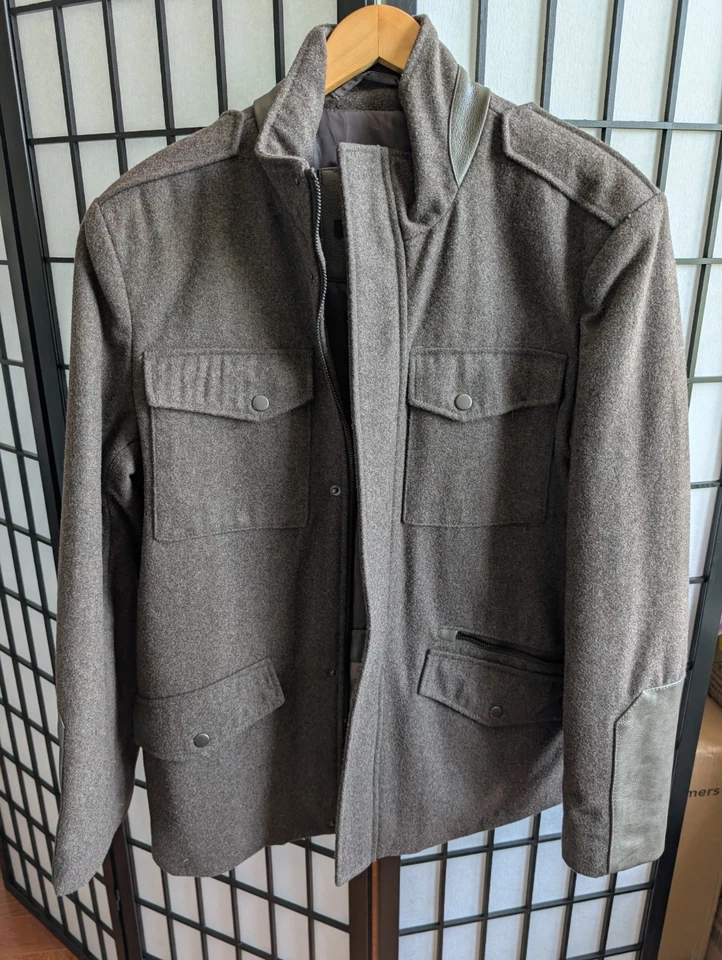 Abrigo Kenneth Cole Lana Guisante M Marrón Cuero Puños Hombres Chaqueta RN54163 CA57151 Foto 4 de 4