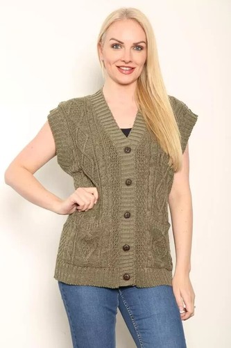 New Ladies Button Cable Knitted Grandad Cable Sleeveless Waistcoat Sweater UK - Picture 11 of 12