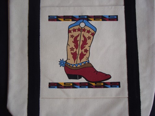 Cowboy Boot Western Tote Bag 15 x 13 Beige W/Front Pocket 100% Cotton NEW - Picture 3 of 4