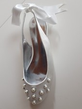 Flache Ballerinas Slingback Brautschuhe Satin Ivory mit Perlen und Schleife NEU