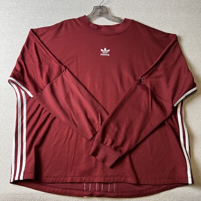 Adidas Shirt Mens 2XL Burgundy Striped Long Sleeve Maroon Red Old School Hip Hop