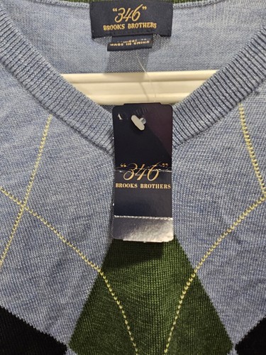 NWT Brooks Brothers Mens 346 Blue Argyle Merino Wool V-Neck Pullover Sweater M - Picture 6 of 15