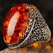 925 Sterling Silver Big Size Oval Baltic Amber Stone Men's Ring
