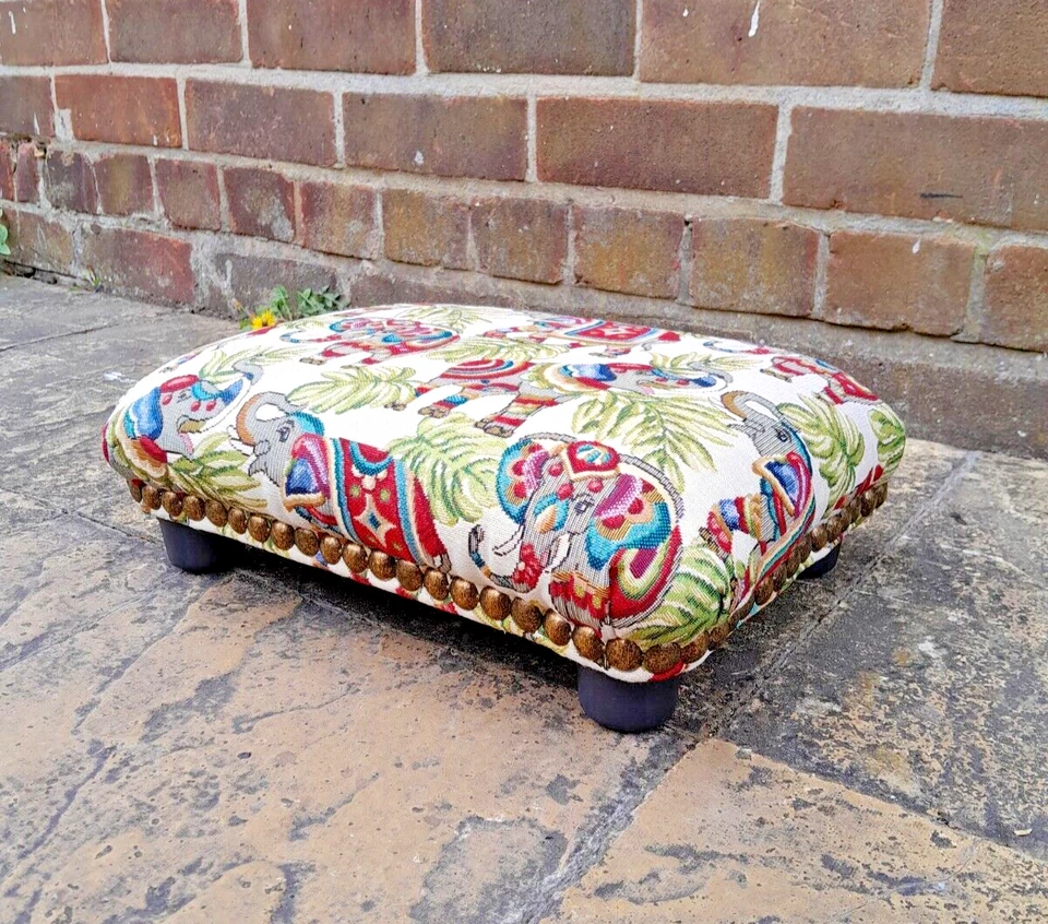 Elephants pattern FOOTSTOOL with decorative studs underdesk home office footrest - Image 2 of 4