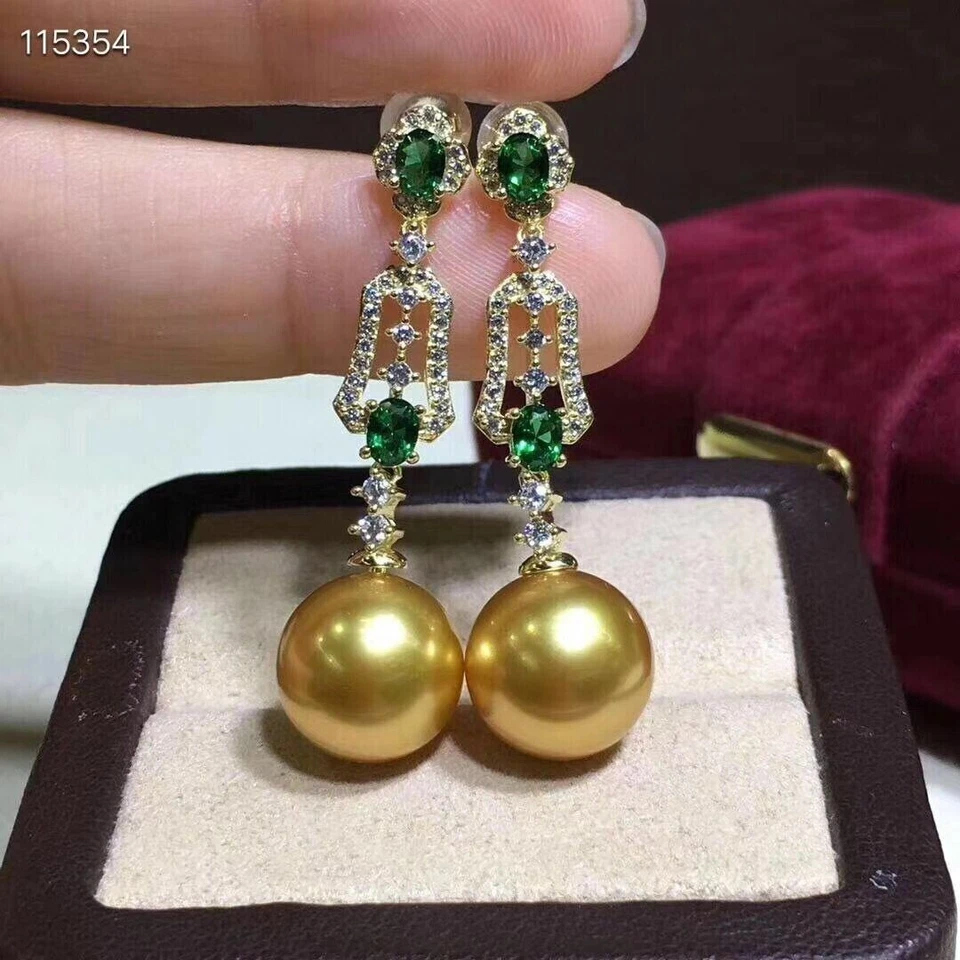 ENORME AAAAA+++++ 10 mm Redondo Natural Mar del Sur Perla Dorada Pendiente 925S... Foto 2 de 3