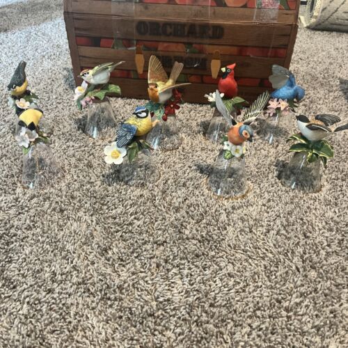 9 Franklin Mint 24% Crystal and Gold Rimmed Bells with Florals/Colorful Birds