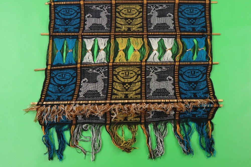 Vtg Antique Handwoven Southwestern Deer Fringed Hanging Wall Tapestry - Thumbnail 5