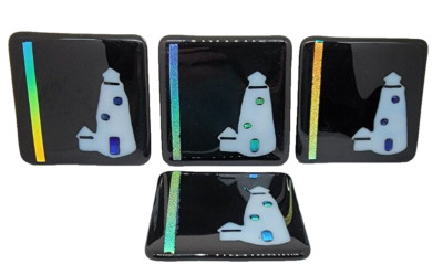 FIREWALKER Art Glass LIGHTHOUSE TABLE COASTERS Black w/Iridescent Accents