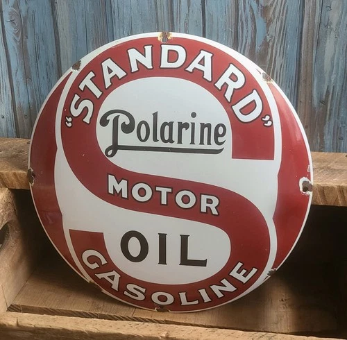 Vintage Polarine Motor Oil Standard Gasoline Porcelain Metal Gas Pump Plate Sign
