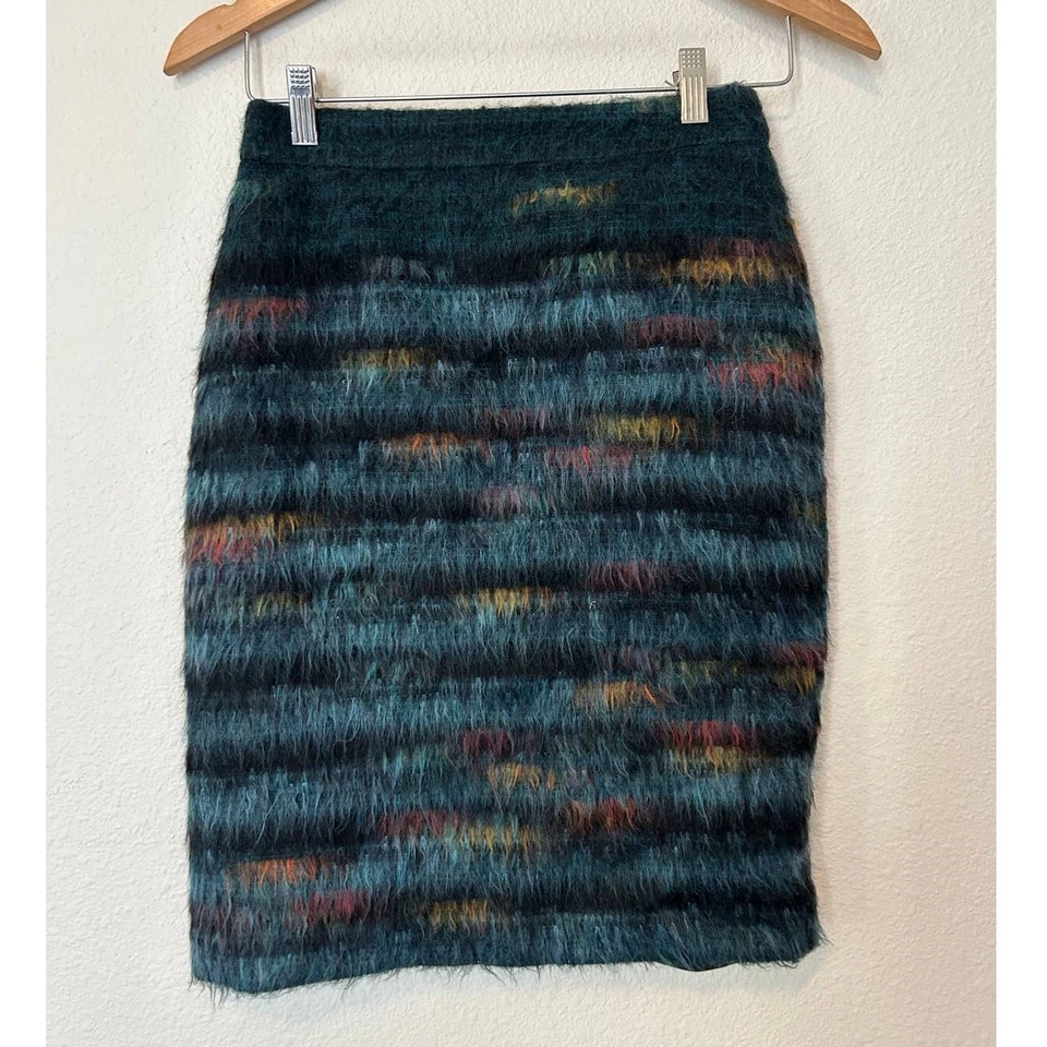 Falda lápiz Anthropologie Maeve talla 0 lana emplumada rayas pavo real preppy Foto 2 de 4