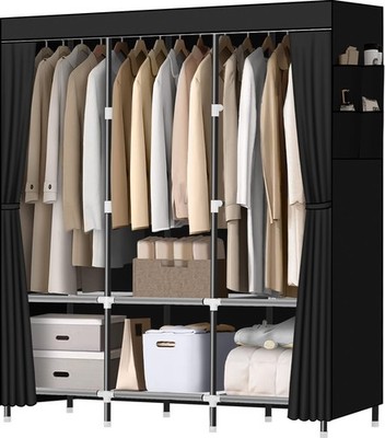 Bedroom Wardrobe Closet, 19mm Steel Pipe, 6 Storage Shelves, Black