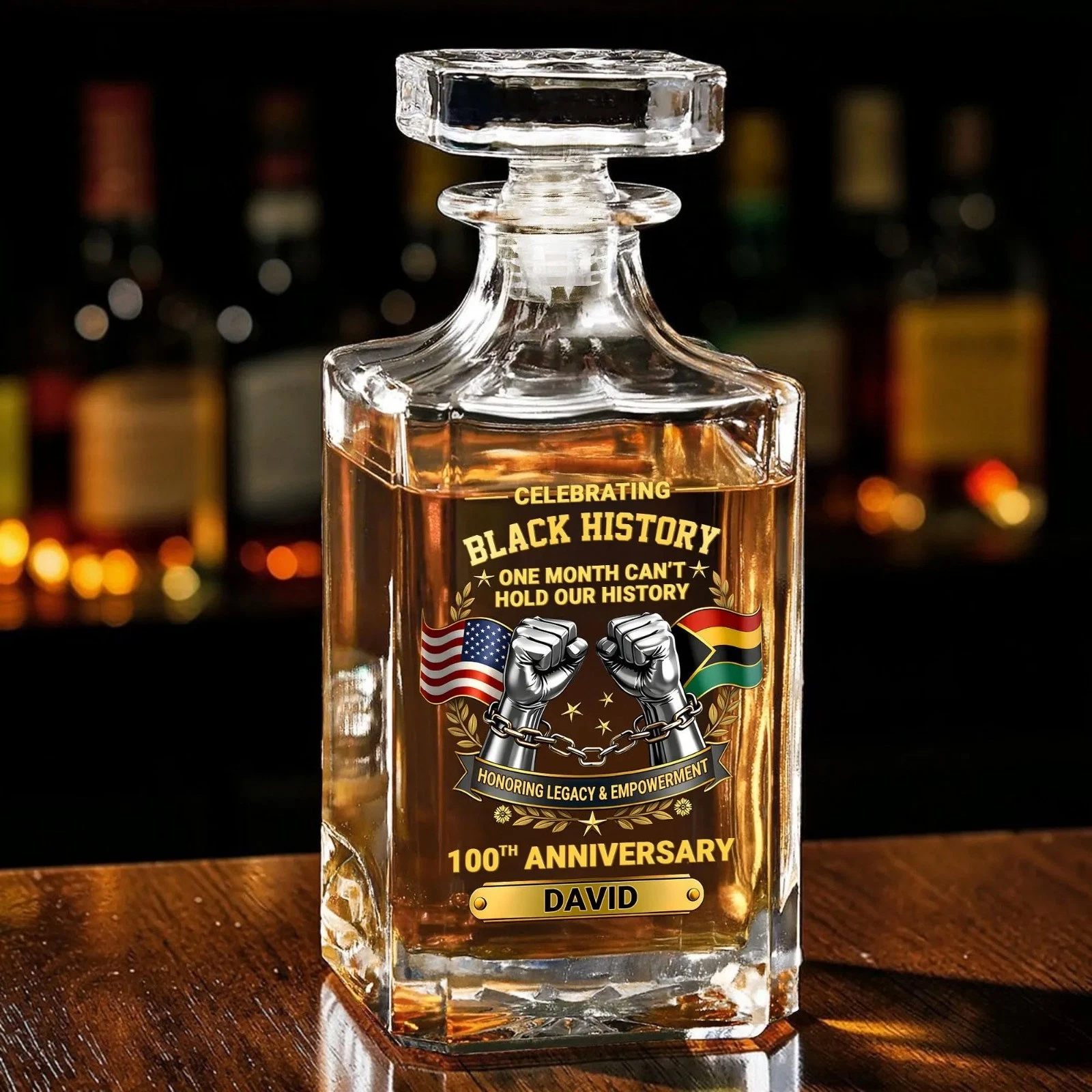 Personalized Black History 100th Anniversary Whiskey Decanter Afro Heritage