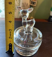 Vintage Jeannette Clear Glass Deer Fawn Top Trinket Powder Box Jar Candy Dish