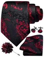 Red Black Tie Set for Men Silk Paisley Necktie Pocket Square Cufflinks and La...