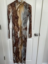 Fashion Nova Maxi Dress Brown Beige Gray High Neck Long Sleeve S