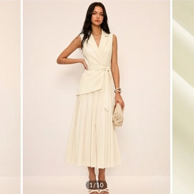 NWT Commense Cream Sleeveless Wrap Pleated Maxi Dress, Large