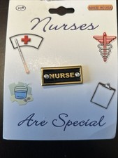 Nurse Script Lapel Pin 2 Swarovski Crystal Stones Gold Plated Solid Pewter NEW