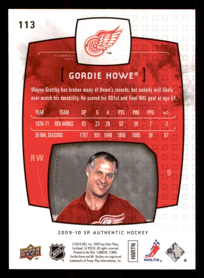 2009-10 SP Authentic #113 Gordie Howe ESS /1999 - Image 2 of 2