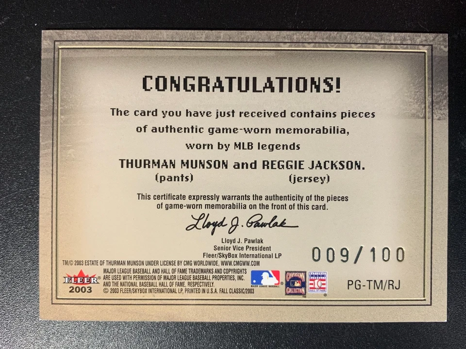 2003 Fleer Fall Classic Postseason Glory Thurman Munson Jackson /100 Dual Jersey - Image 2 of 2