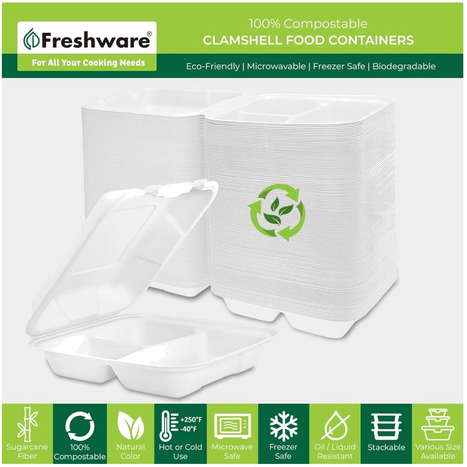 Eco-Friendly 8x8" 3-Compartment Clamshell Containers