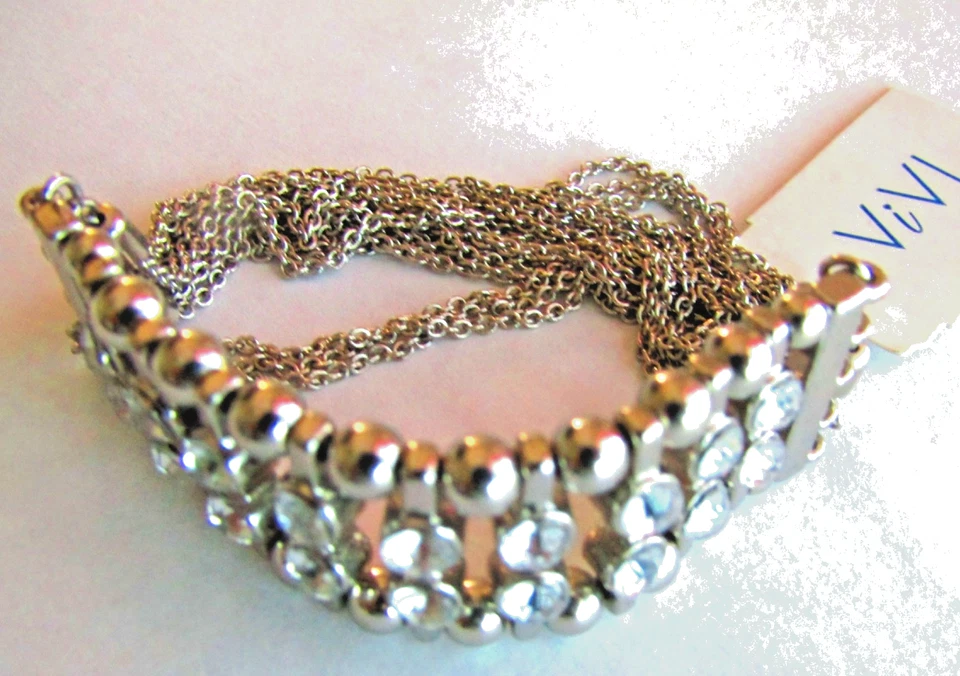 Pulsera elástica de eslabones punteados ViVI NUEVA CON ETIQUETAS $34 cadena de cristal sintético transparente plateado Foto 3 de 4